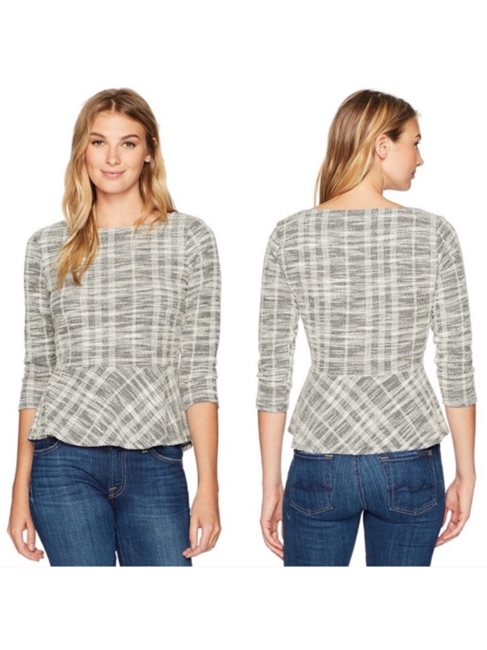 Ivanka Trump 3/4 Length Textured Peplum Blouse Top